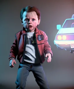 Marty mcfly toddler, full body, delorean, dramatic lighting, hyper realistic