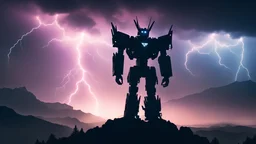 silhouette of the a transformer very very very far away on top of a mountain in the distance, cinematic lightning, nebula sky