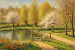 amazing sunny spring day, trees, flowers, fence, little pond, camille pissarro impressionism painting