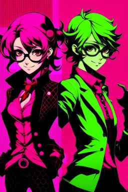 persona 5 style background and pink green character