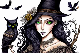 Witch, playing with owl and black cat, perfect iris, ink and pencil, style Elizabeth Kreitz