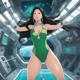 an Asian woman with long hair is weightless in a space station, wearing a green swimsuit, and floating as if in a swimming pool. The space station is full of devices and cables, there is a round holdout in the background, and you can see outer space.
