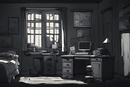 Multiple perspective dark bedroom with desk, window for a pretty, grim, depressed short animation, teethmeat gorillaz style