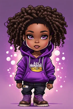 Create an colorful urban comic book illustration of a chibi cartoon black female thick curvy wearing a cut of purple hoodie and black jeans and timberland boots. Prominent make up with long lashes and hazel eyes. Highly detailed shiny sister locs. Background of a large bubbles all around her