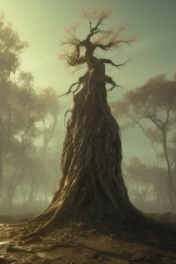 Cyberpunk theme, Oak tree roots holding man inside, misty sunny day, close-up portrait,