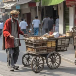 A street vendor pulling a cart