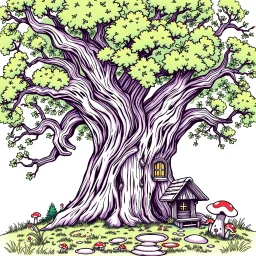 outline art for square twisted old oak tree mushroom cottage full vivid colored page for kids, classic manga style, anime style, realistic modern cartoon style, full color background, sketch style, only use outline, clean line art, no shadows, clear and well outlined