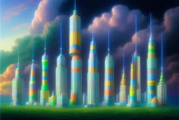 One mile tall plastic city Towers made out of stacked Rubik's Cubes, Orange, white, blue, green. Stormy sky