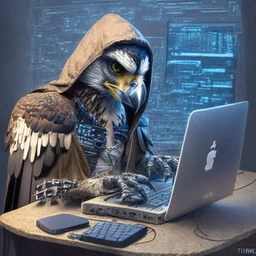 falcon as a hacker using the computer with human hands