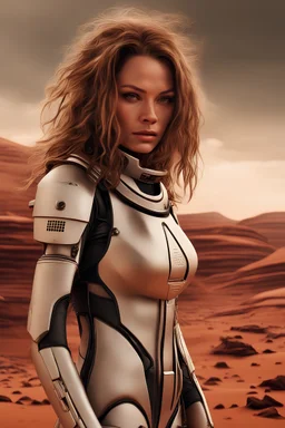 science fiction scene like fantasy on mars 35 years old woman long hair ultrarealistic wet skin raining, tattos photorealistic, wind is blowing, tanned skin collarbones, skinny, space ship behind, all looks like poster from 2020, women looks like model, wearing over-knee-sockets