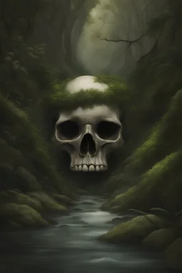 Stream following from the mouth of a skull overgrown with jungle vegetation