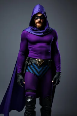 full-length, A portrait of a the Phantom, a man with piercing blue eyes, a chiseled jaw, goatee, timeless face, stern expression, Wearing a tight fitting purple cotton hero suit with a cowl that fits tight to his head, but does not cover his face, he wears a thin, black leather, bandit eye disguise over his eyes, black and blue diagonally striped trunks, dual-holstered pistol belt adorned with a triangle skull-shaped buckle with leg straps, Knee-high black leather boots