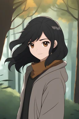 Young woman with shoulder length raven hair, and brown eyes, wearing a sweater, smirking, forest background, RWBY animation style