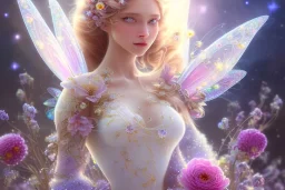 one very little beautiful fairy on a big crystal subtle flower in a galactic ambiance, transparent petals, delicate colors, in the foreground, full of details, smooth, bright sunshine，soft light atmosphere, light effect，vaporwave colorful, concept art, smooth, extremely sharp detail, finely tuned detail, ultra high definition, 8 k, unreal engine 5, ultra sharp focus