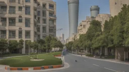 a modern street in Tehran with tower