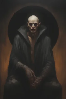 oil painting by Gerald Brom - a vampire, male, A horribly ugly, putrid and disgusting, revolting and deformed, yong, nosferatu, detailed, horrific ulcers, dark room, hood, scars, black track suit, scab, black hair has taken over earth - Sun flares, sunbursts -well-lit, UHD, 1080p, professional quality, 8 x 10 photograph - a colorful gradated multicolored, dark red and light red background