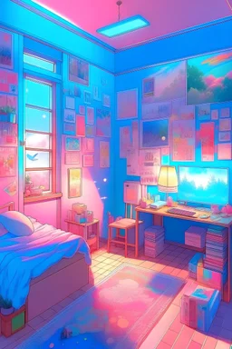 a drawing of the girl's room is adorned with neon and light up posters, in the style of pastel, anime aesthetic
