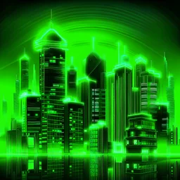 Create a neon buildings with night cityscapes backgrounds with green color.