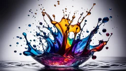 Splash! Multicoloured ink drops diffusing gently into a glass vessel full of water, amazing detail, beautiful composition, award-winning photograph, astonishing realism, 21mm lens, adjust perspective