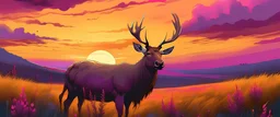 an Elk in a prairie canola field, sunset pinks and purples in sky, detailed fantasy illustration