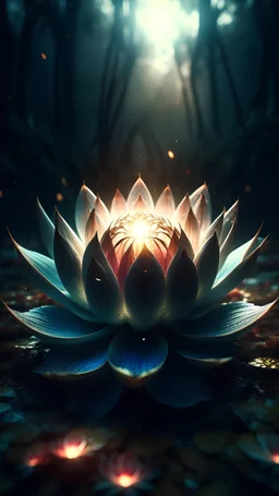 epic a full-size photo of a Lotus berthelotii flower with innumerable petals, front illumination only, forest background, magic wake, fantasy illustration, sparks, glitter, grainy, noise, fractal crack effect, cinematic, deep depth of field, 3D, 16k resolution photorealistic, a masterpiece, breathtaking intricate details, reflective catchlights, high quality, abstract vector fractal, wave function, Zentangle, 3d shading