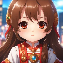 (close-up headshot) of a 4-year-old girl with long brown hair, (vibrant red eyes), cute, intricately detailed, masterpiece, anime chibi, 4k, kawaii