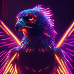 The one who flys with the howl, Falcon face, human body, colorful light, neon stripes, clear very height details, Octane render