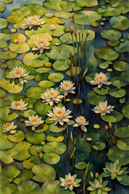 view from sky, photo realistic watercolor painting of lake Ariel view, full of waterlily flowers, green lake, pen line sketch and watercolor painting ,Inspired by the works of Daniel F. Gerhartz, with a fine art aesthetic and a highly detailed, realistic style