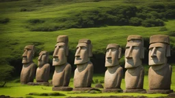 calm beauty, fantasy, magic, splendor, uplifting, inspiring, therapeutic, Easter Island stone statues with faces, springtime, sunlight, chiaroscuro, color, award-winning colour photograph, Nikon 135mm