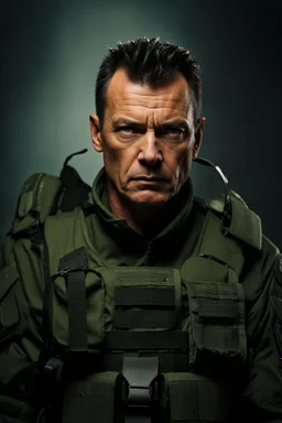 portrait of a 50 year old evil military leader. Cruel expression, dark crew cut hair,