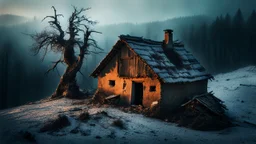 a lonely old adobe hut with worn adobe brown-gray wall and a small window, a crumbling roof, an old chimney stands on a hill, next to it is a small woodshed by the wall, and an old withered tree leans over the hut on thr old tree sitting a black crow, the hut stands on the edge of a European forest, winter, snowy landscape, low light, dawn, high detailed, sharp focus, high realistic, perfect photo