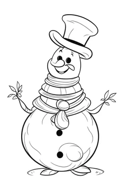 A cheerful snowman with a carrot nose and top hat, clean line art, white background, well outlined, for kids coloring book, clean line art, white background, well outlined, for kids coloring book.