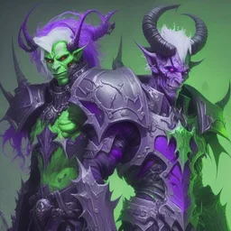 Demonio con armadura verde y negro posando con un demonio de armadura morada y verde con cabellos blancos