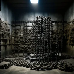 A black spongy fortress filled with chains painted by Michelangelo di Lodovico Buonarroti Simoni
