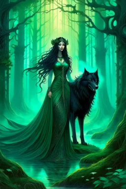 In the heart of a dense and enigmatic forest with towering ancient trees cloaked in emerald foliage stood a bewitching sorceress possessing an ethereal allure her lustrous hair cascading in ebony waves down to her slender waist that turns into roots In the background a faithful companion a majestic canine of Belgian shepherd lineage roamed at her side its eyes illuminated by an otherworldly crimson glow exuding an aura both mysterious and demonic