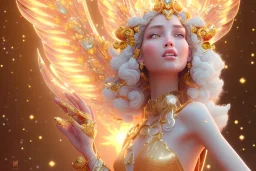 very beautiful crystal and gold goddess in a galactic ambiance, nice smiling, transparent petals, delicate colors, full of details, smooth, bright sunshine，soft light atmosphere, light effect，vaporwave colorful, concept art, smooth, extremely sharp detail, finely tuned detail, ultra high definition, 8 k, unreal engine 5, ultra sharp focus