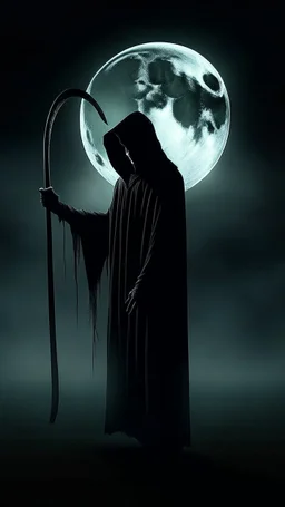 mysterious, hooded figure with a scythe, standing in a misty graveyard under a full moon. The figure should be shrouded in darkness, with only the eerie glow of their eyes and the blade of the scythe visible.