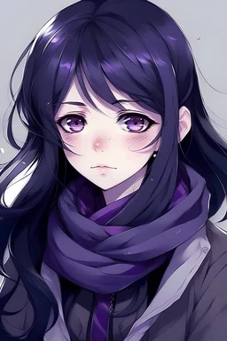 Anime style, dark black haired, purple eyes girl with purple scarf, long hair, cute neutral expression, stoic