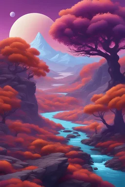 A picture of a fall landscape with trees, mountains, and a river, except the trees have purple leaves, the mountains are blue, and the river is orange, on a planet with two moons and a ring system, alien and surreal digital art