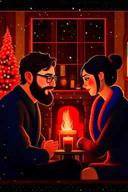 Fire place Christmas scene, dark haired couple, man with short black beard and glasses, blue eyes, young couple, graphic