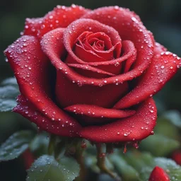 Bright red dew covered rose flower, epic