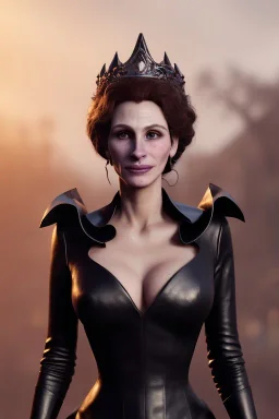 Julia Roberts as evil queen in black leather gown, evil, busty, cleavage, curvy, angry, stern look. character design by cory loftis, fenghua zhong, ryohei hase, ismail inceoglu and ruan jia. unreal engine 5, artistic lighting, highly detailed, photorealistic, fantasy