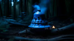 bell-shaped object with smooth metal surface without pattern crashed on its side buried and smoking in the middle of the forest after dark glowing blue
