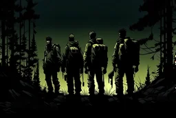 four persons, standing, silhouette, comic book,post-apocalypse, backpack,, forest, night time, illustration