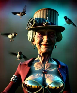 Surreal, steampunk , , cabaret scene. Russian old woman. Sweat, Birds, Feather, smoking, happy, hot, color fog, people background, highly detailed, concept art, unreal engine 5, god rays, ray tracing, RTX, lumen lighting, ultra detail, volumetric lighting, 3d, finely drawn, high definition, high resolution.