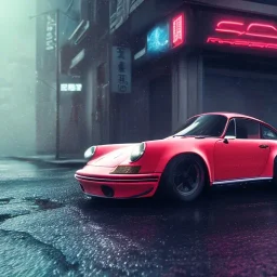 photo of porsche rwb; in an alternate universe in tokyo; cyberpunk; realistic; rain; neon signs