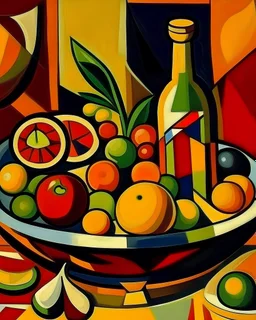 Cubist style 1904. Bowl of fruit, bottle of wine on a round table