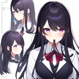 High quality, Detailed, Black long hair, Purple eyes, mouth open, blushing, office lady clothes, concept art