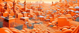 A light rosy orange colored underground village with a mining factory painted by Victor Vasarely