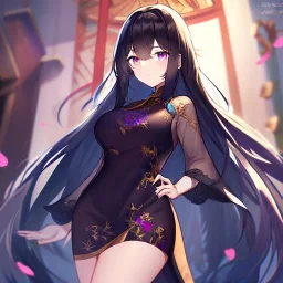 Clear focus,High resolution, Black long fluffy hair, and purple eyes, wearing a chinese dress, cute